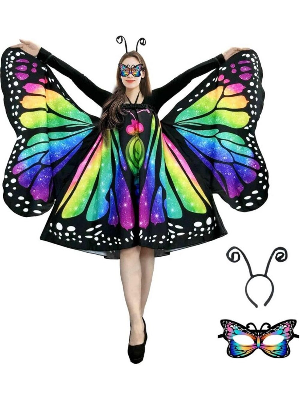 🎃Women's Colorful Halloween Wings Cape Flowy Long Dress Butterfly Costumes